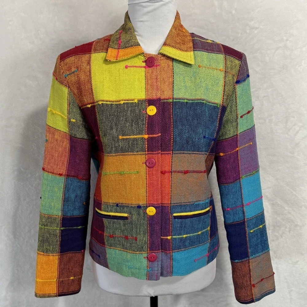 Vintage Rainbow Blazer Jacket Size XS Boxy Colorful Neon Pop Art Deco Tribal 90s